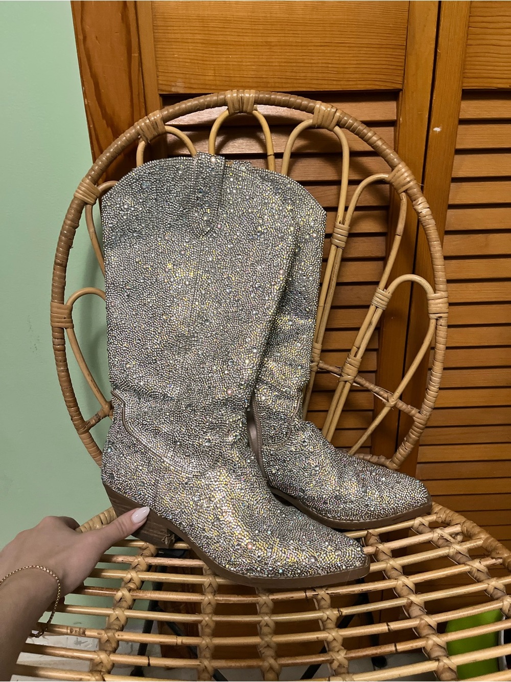 Betsey Johnson Silver Glitter Mid-Calf Cowboy Boots